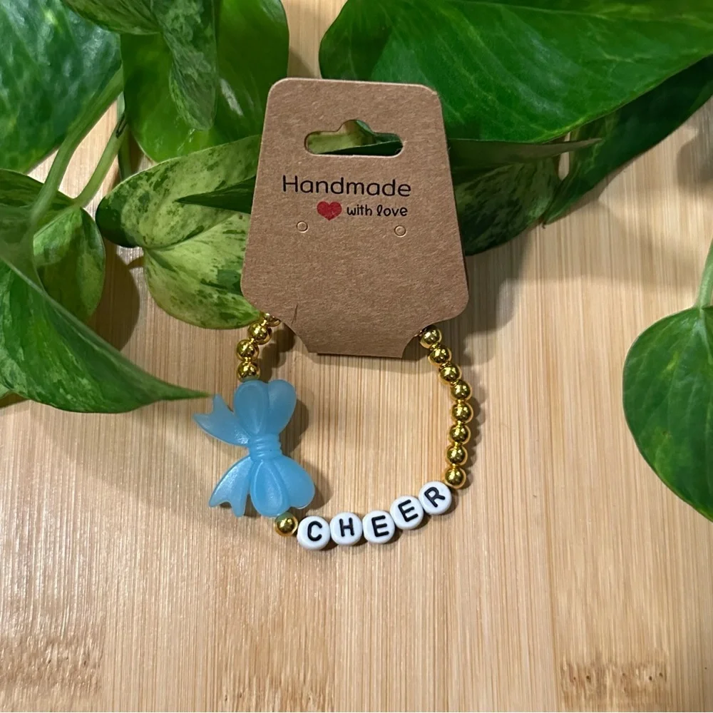 Gold Kids’ Stretchy Beaded Cheer Bracelet | Handmade | Silicone Bow 📣✨